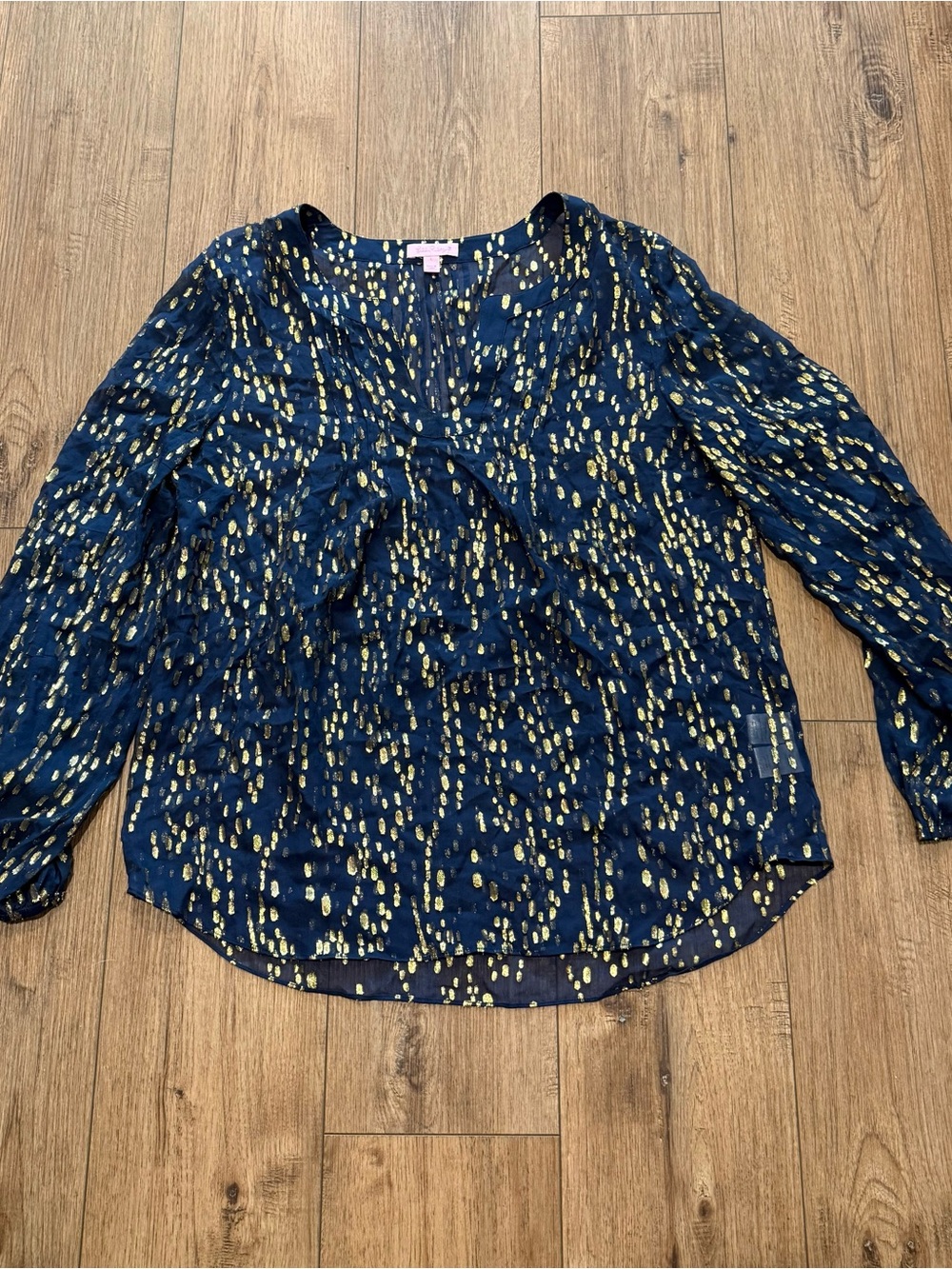 Lilly Pulitzer Navy Blue With Gold Metallic Long-Sleeve Blouse - Picture 2 of 5